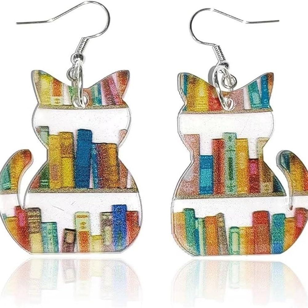 Colorful Acrylic Cat Bookcase Earrings Book Lover Cat Lover